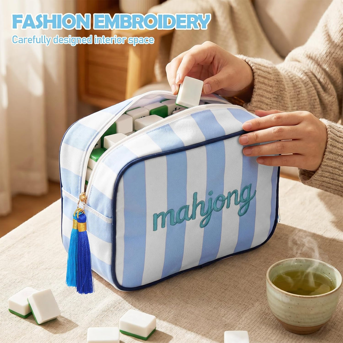 Blue Stripes Mahjong Travel Pouch