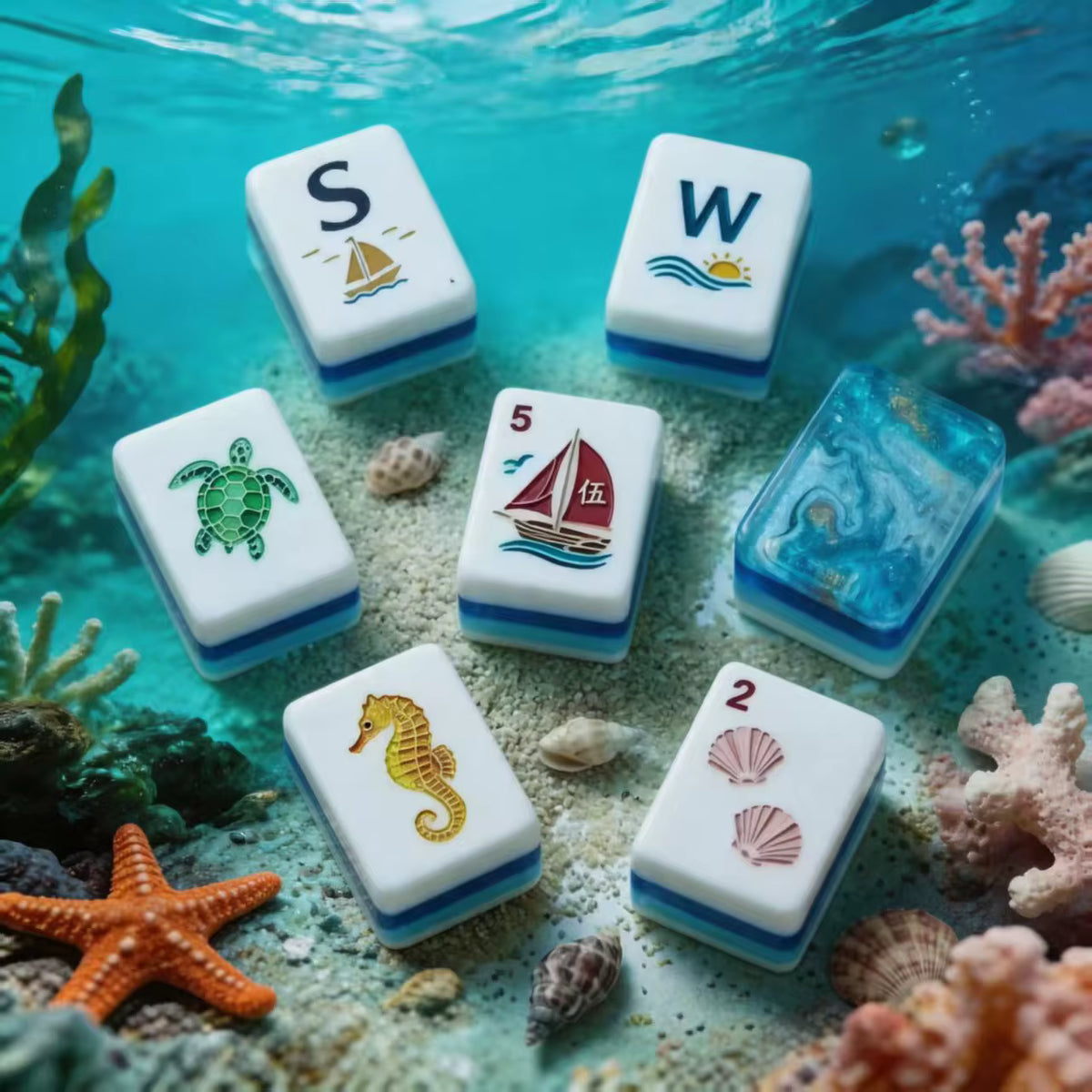 Deep Sea Ocean in Mahjong Tiles and Mat Set