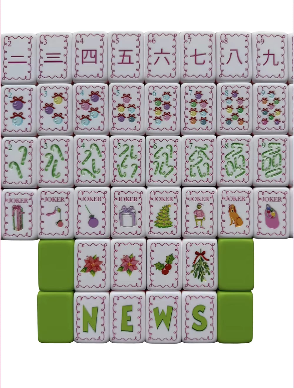 Green Christmas Mahjong Tiles and Mat Set