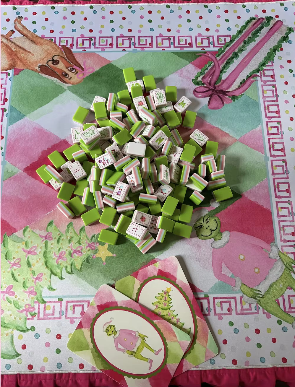 Green Christmas Mahjong Tiles and Mat Set