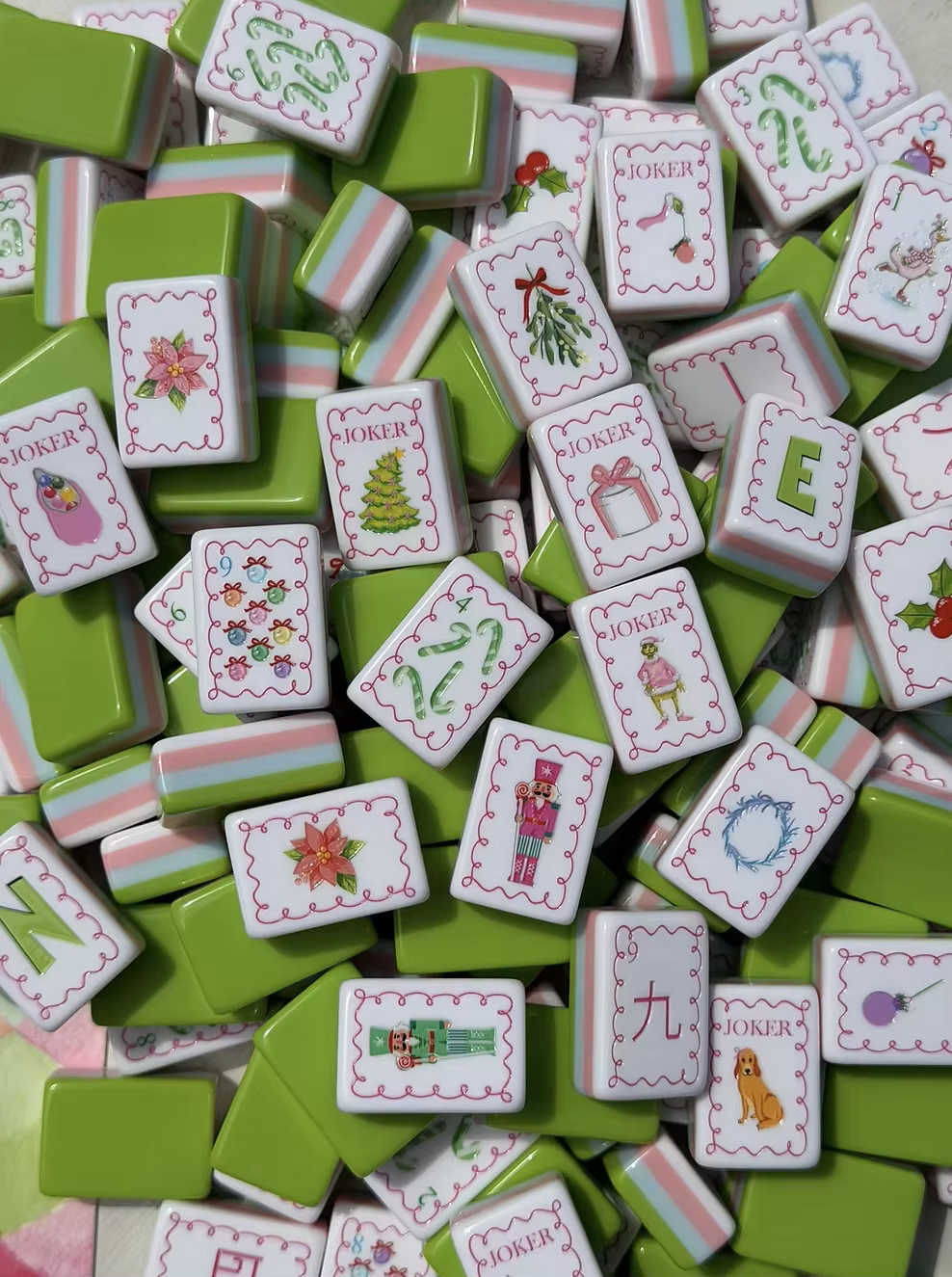 Green Christmas Mahjong Tiles and Mat Set